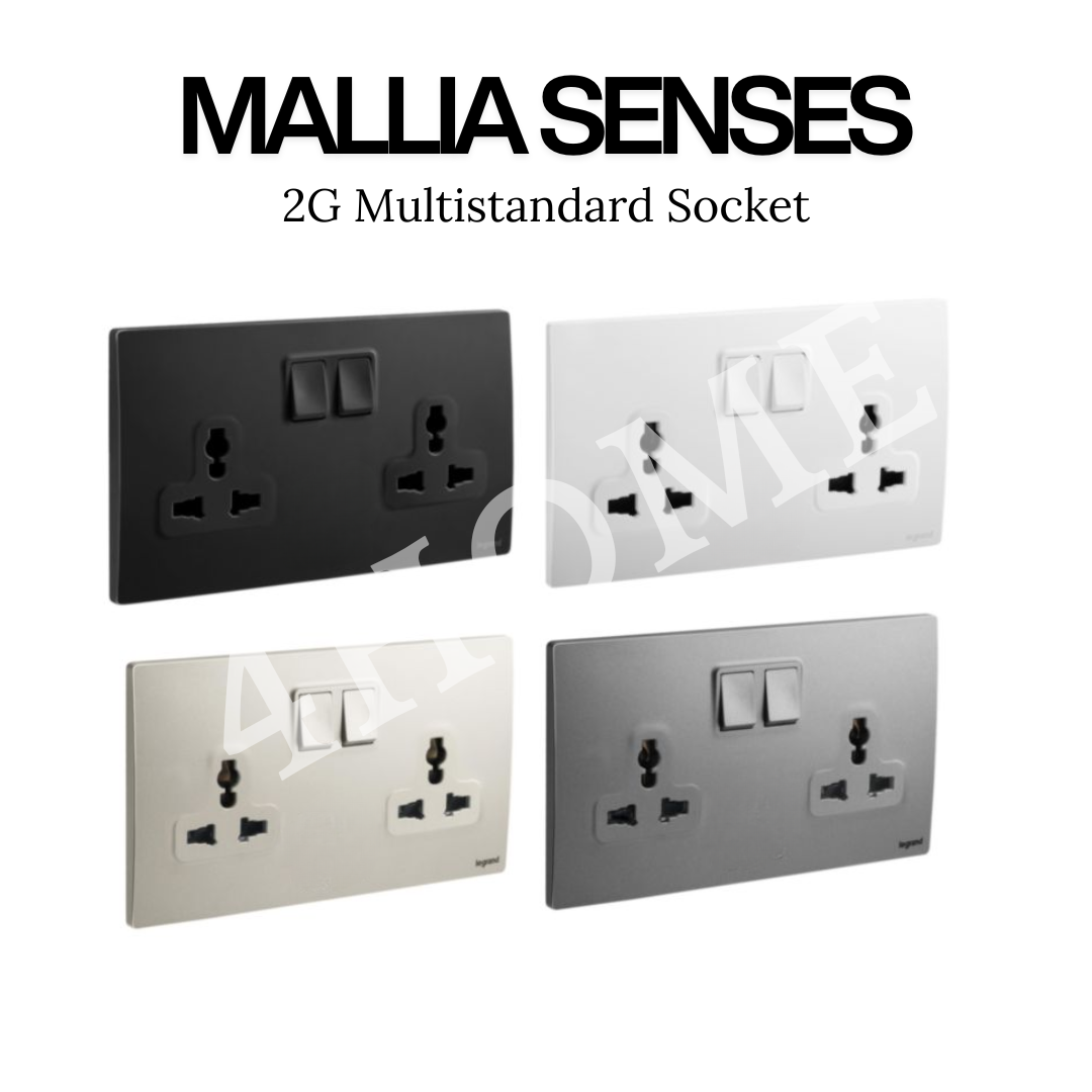 Legrand Mallia Senses Multistandard Socket 1G / 2G – Premium Universal Power Outlet | Champagne, White, Dark Silver, Black