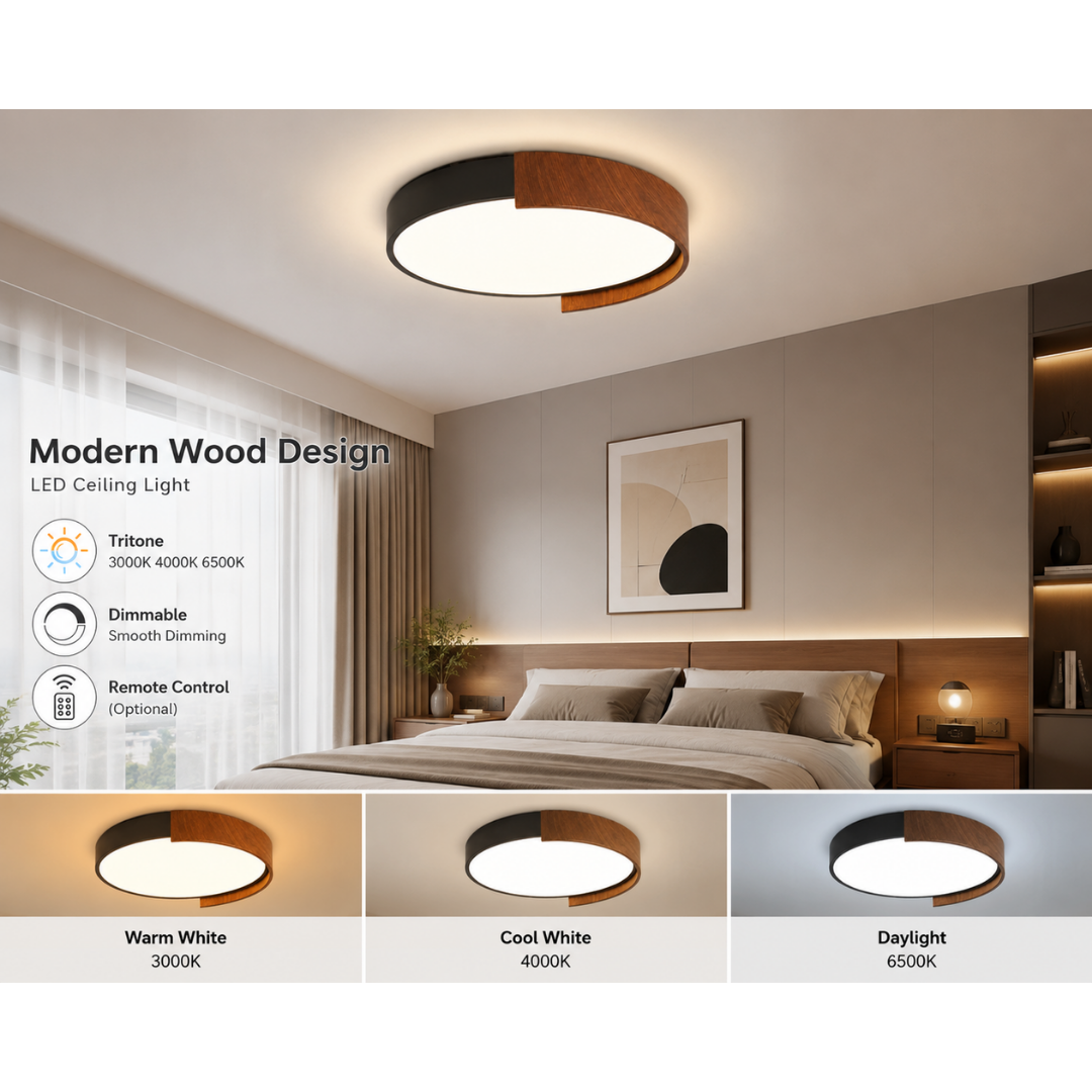 Modern Wood Design LED Ceiling Light 36W | Tritone 3000K-6500K | Dimmable with Remote Option | Nordic Flush Mount Ceiling Lamp for Bedroom, Living Room & Dining Room