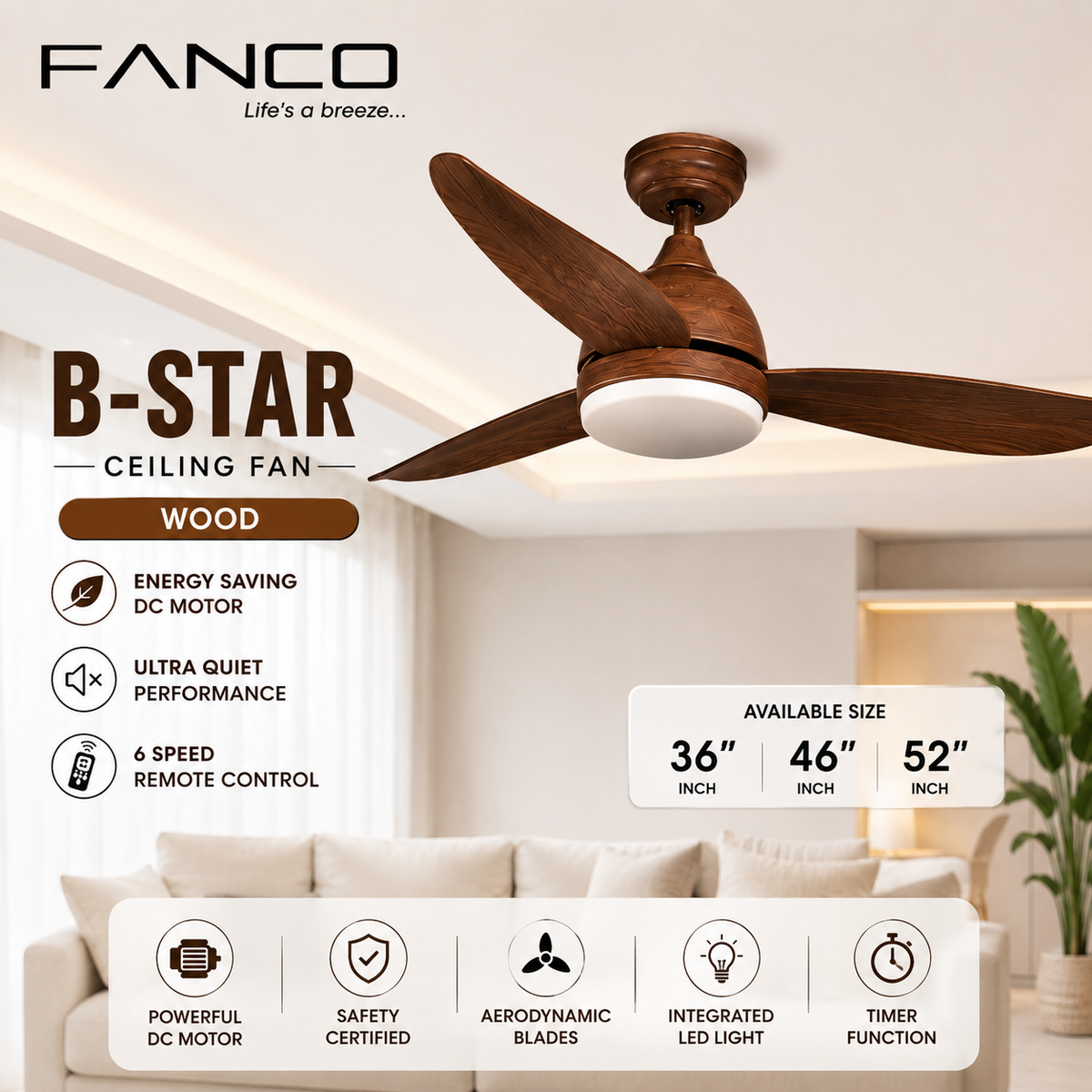 Fanco Bstar ceiling fan with wood