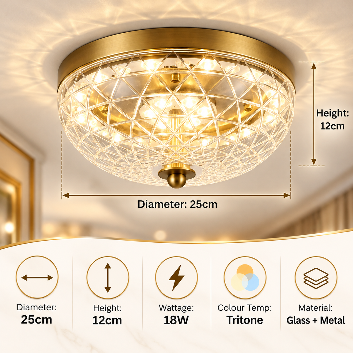 Luxury Crystal Glass LED Ceiling Light 18W | Gold Diamond Design | Tritone Surface Mounted Light | Bedroom Corridor Foyer