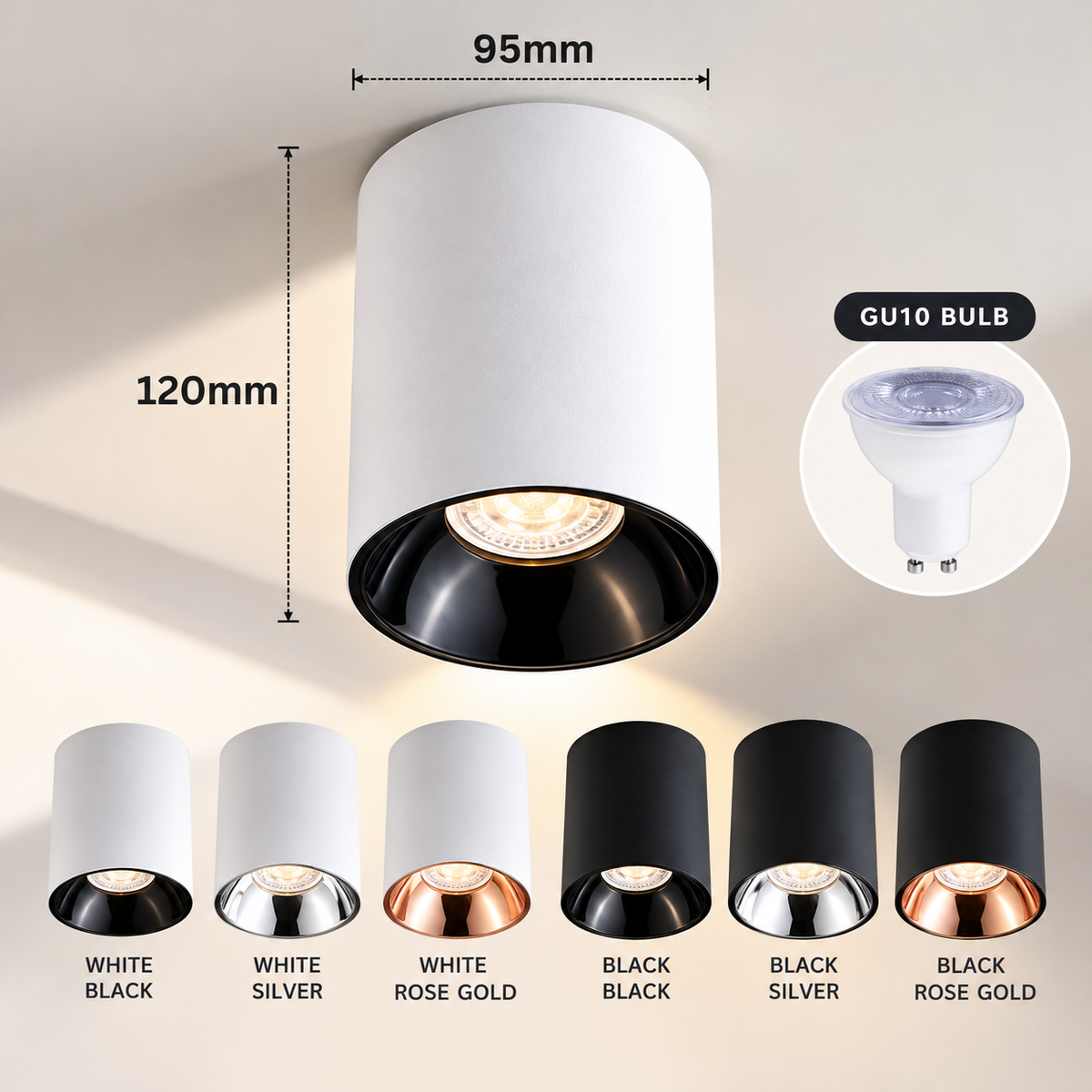 Nordic GU10 Cylindrical Surface Mounted Spotlight | Modern LED Ceiling Downlight | Black / White | Black Silver Rose Gold Reflector | 3000K 4000K 6500K Tritone Smart RGB