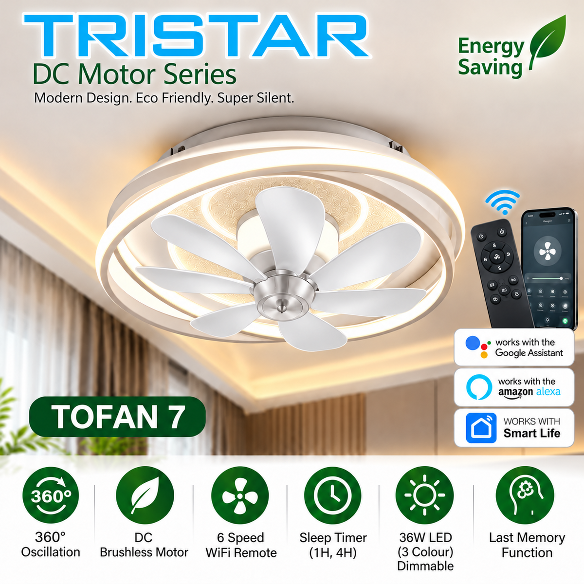 Fanco TRISTAR TOFAN 3 / TOFAN 7 Smart Ceiling Fan with 36W LED Light | DC Motor | 360° Oscillation | WiFi Remote Control | Dimmable 3 Colour