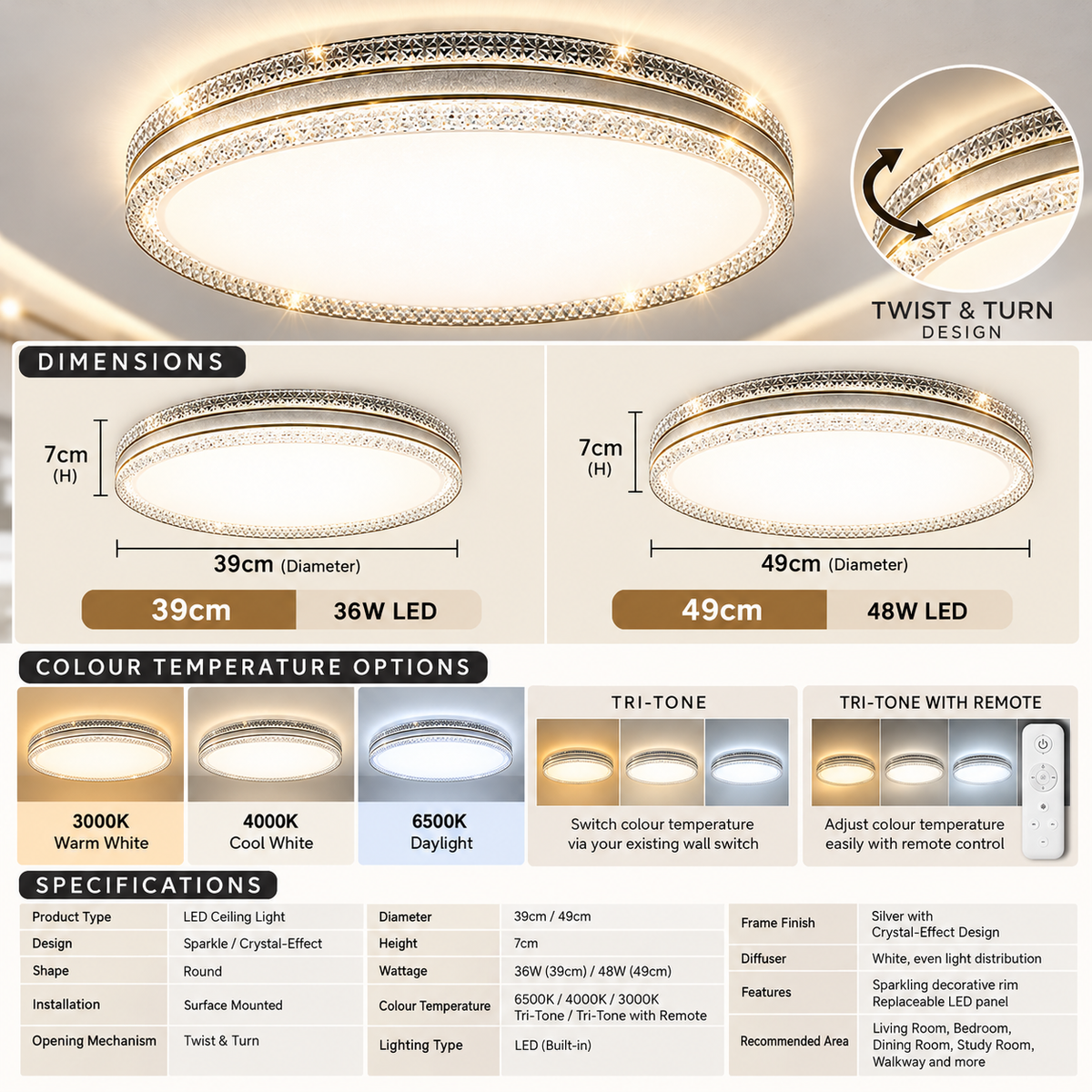 Sparkle Crystal LED Ceiling Light 36W 48W | Twist & Turn Design | 39cm 49cm | 3 Tone / Remote Control | Modern Round Surface Mount Light