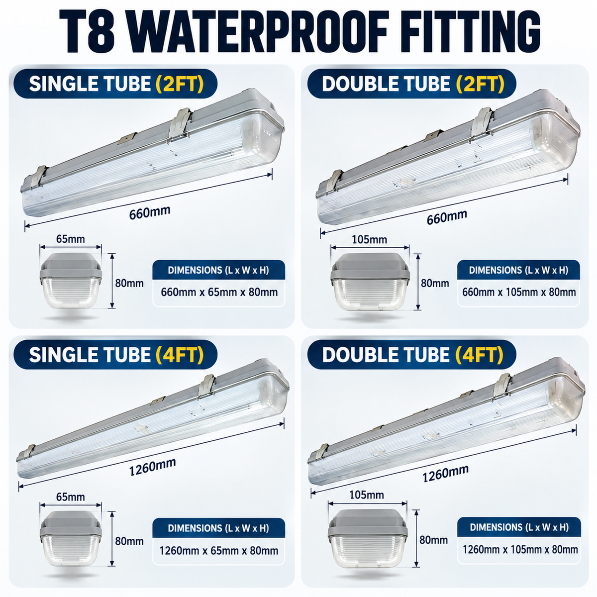 T8 Waterproof LED Tube Light Fitting 2FT / 4FT | Single & Double Tube Batten Holder | Surface Mount Ceiling Light