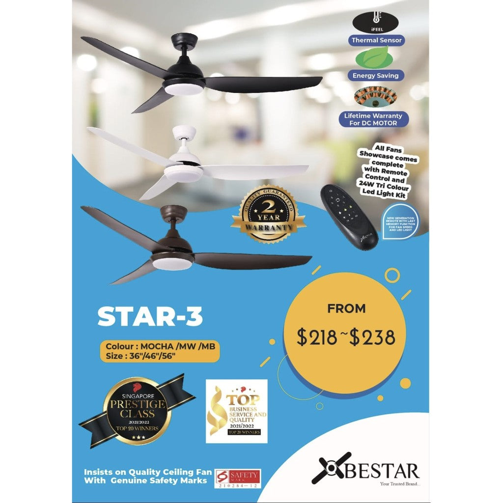 Bestar Star-3 Ceiling Fan with 24W LED Light 36inch 46inch 56inch 36" 46" 56" STAR3 4HOME SINGAPORE - 4HOME