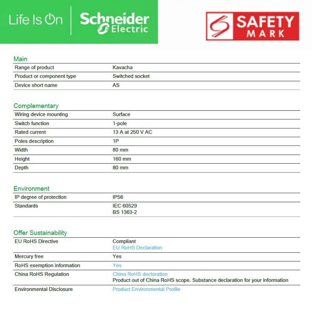 Schneider Kavacha AS Weatherproof 13A Switch and Socket Outlet CSC313