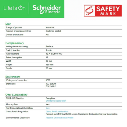 Schneider Kavacha AS Weatherproof 13A Switch and Socket Outlet CSC313