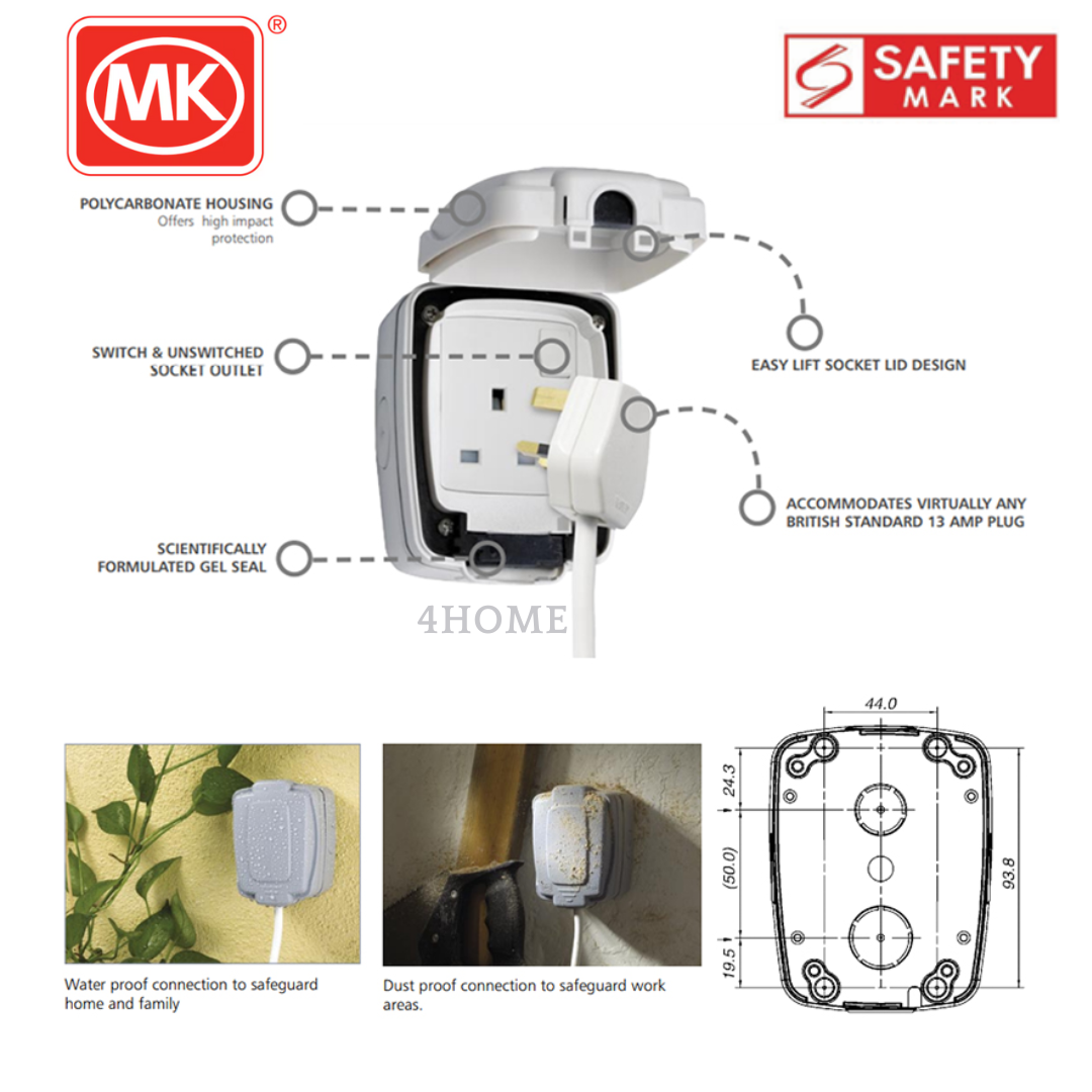 MK 86486 'MASTERSEAL' 1GANG 13A 250V W/P SWITCH SOCKET (IP66) Honeywell