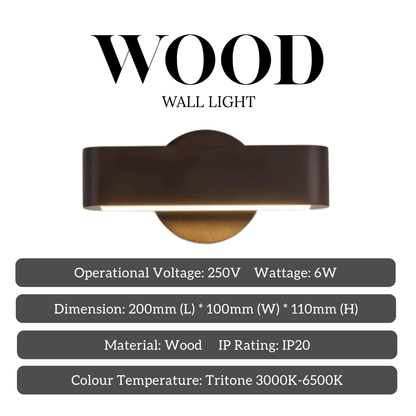 Real Wood Modern LED Wall Light 6W Tritone – Adjustable Up/Down Left/Right