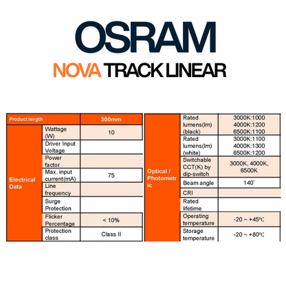 OSRAM Nova Linear Track Light 10W 300mm | 3CCT Selectable LED Track Linear (3000K/4000K/6500K)