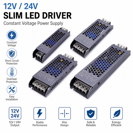 12V 24V slim LED driver constant voltage power supply for LED strip lights with ultra-thin metal housing and short circuit protection.