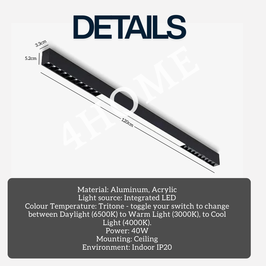 1.2m Tri-tone Black White Ultra Slim Linear Lego Rectangular Long LED Ceiling Light | 40W High Power