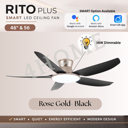 Fanco Rito Plus DC Ceiling Fan with Dimmable 36W LED Light – 46” / 56” Smart Fan with 6 Speed