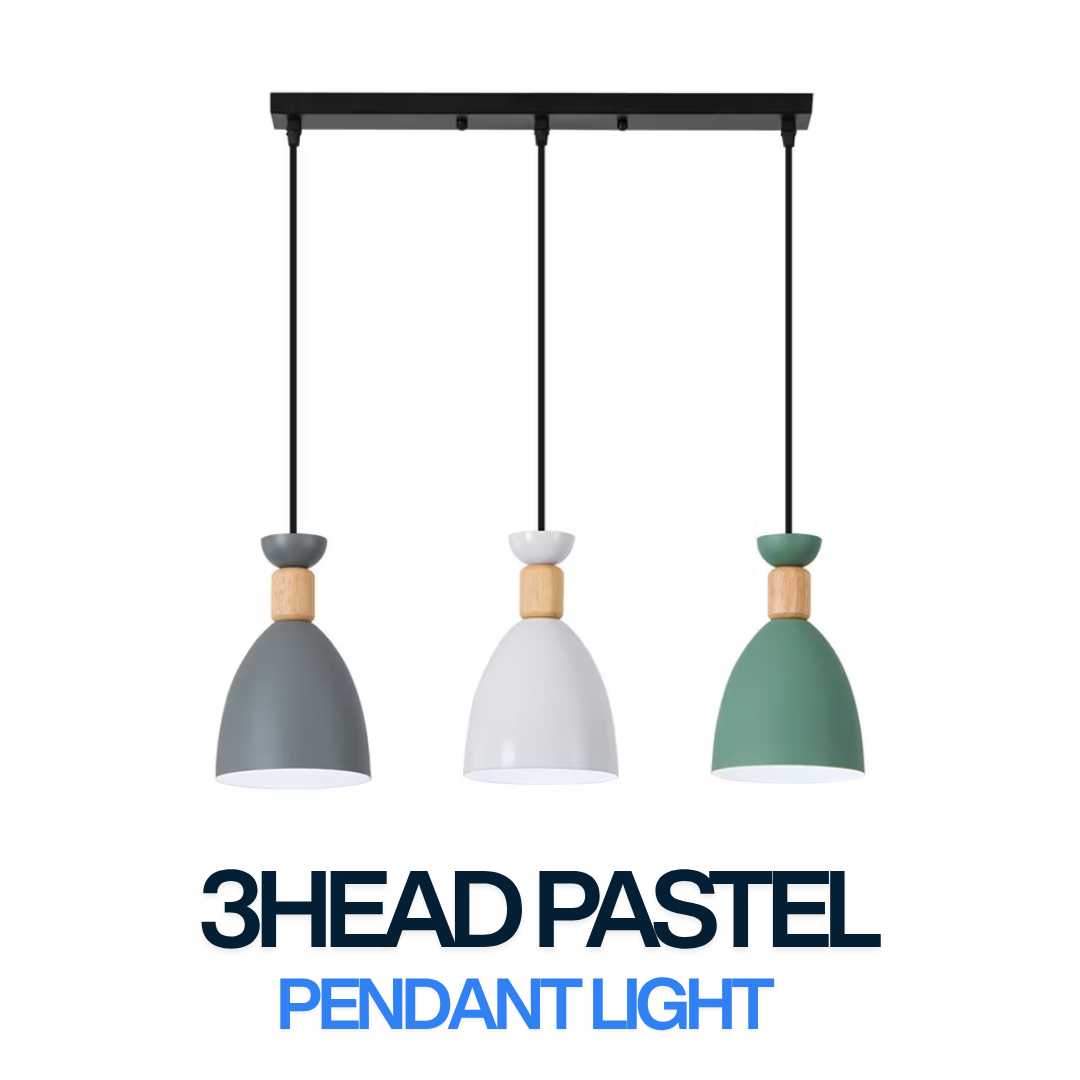 3 Head Pastel Pendant Light with Wooden Accent – Modern Nordic Hanging Lamp for Dining Table / Kitchen Island / Café