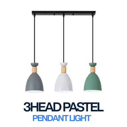 3 Head Pastel Pendant Light with Wooden Accent – Modern Nordic Hanging Lamp for Dining Table / Kitchen Island / Café