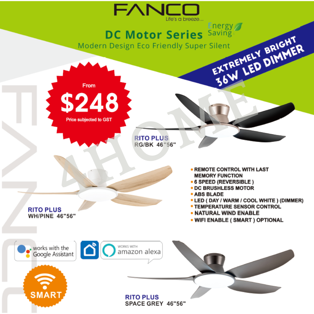 Fanco Rito Plus DC Ceiling Fan with Dimmable 36W LED Light – 46” / 56” Smart Fan with 6 Speed