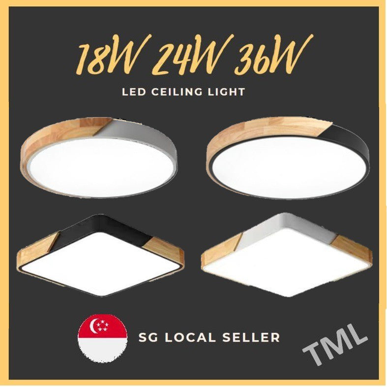 4HOME SINGAPORE 18W 24W 36W Nordic LED Ceiling Light Black White Wood Frame - 4HOME