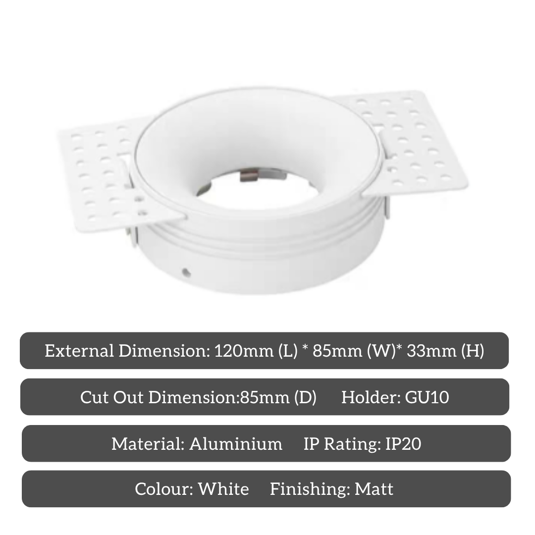 Frameless Trimless Recessed Spotlight GU10 – Plaster-In Ceiling Downlight, Aluminium Matt White