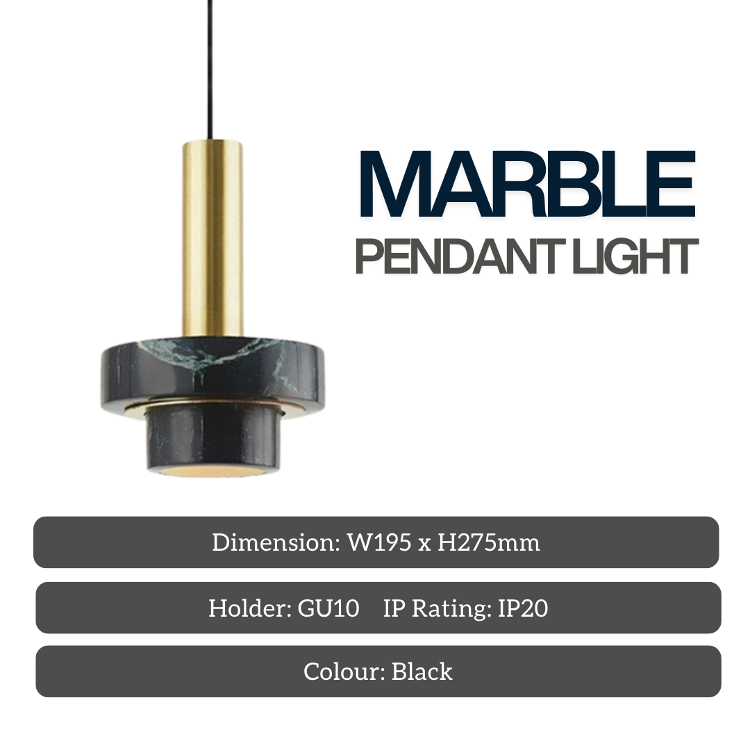 Luxury Modern Marble Pendant Light GU10 – Stone Hanging Ceiling Light with Brass Finish (Black/Grey)