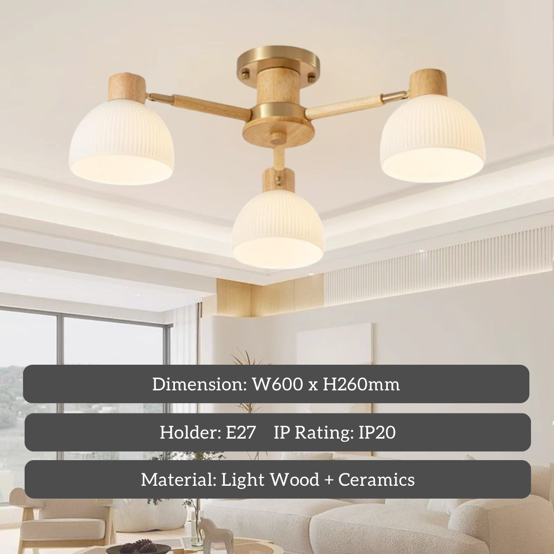 Hikari Modern Japandi 3 Light Ceiling Lamp Chandelier – Wood & Ceramic Design