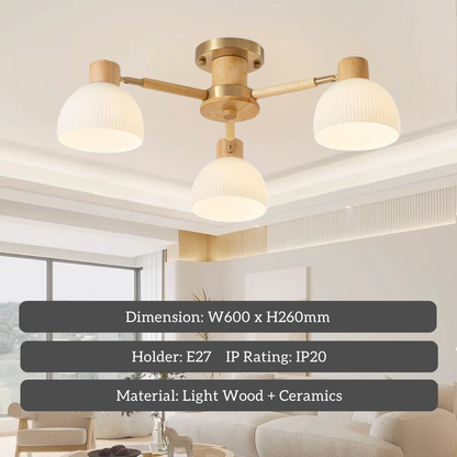 Hikari Modern Japandi 3 Light Ceiling Lamp Chandelier – Wood & Ceramic Design