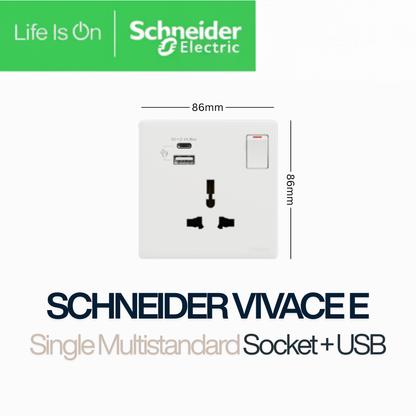 Schneider Vivace E Universal Socket with USB – 1 Gang & 2 Gang Power Socket with Dual USB Charging Port | Modern Slim Design | Singapore