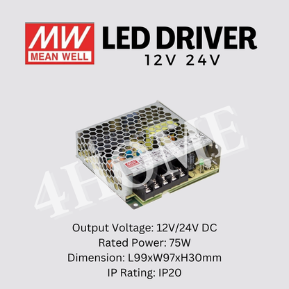 Meanwell LED Strip Driver 12V 24V 35W 50W 75W 100W 150W 200W 350W LED strip light 4HOME SINGAPORE - 4HOME