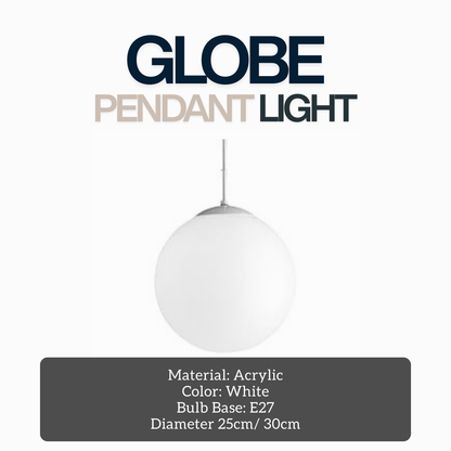 Modern Globe Pendant Light – White Acrylic Ball Hanging Lamp (E27) 25cm / 30cm