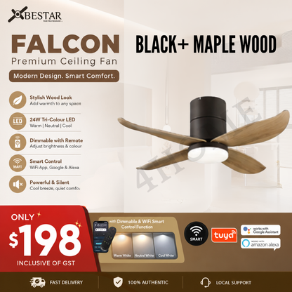 Bestar Falcon Smart DC Ceiling Fan 36" 46" 52" with Dimmable Tri-Colour LED Light | WiFi Smart Control | Black, Mocha & White Base | Maple Wood & Pine Wood Finish Blades | Singapore