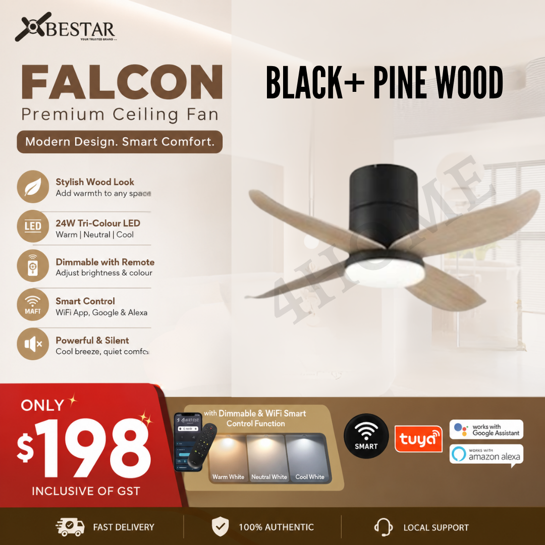 Bestar Falcon Smart DC Ceiling Fan 36" 46" 52" with Dimmable Tri-Colour LED Light | WiFi Smart Control | Black, Mocha & White Base | Maple Wood & Pine Wood Finish Blades | Singapore