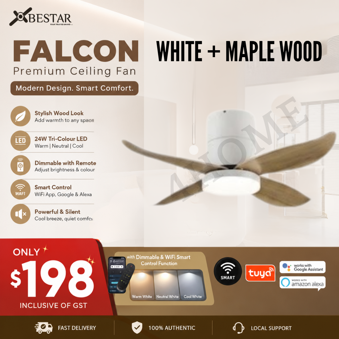 Bestar Falcon Smart DC Ceiling Fan 36" 46" 52" with Dimmable Tri-Colour LED Light | WiFi Smart Control | Black, Mocha & White Base | Maple Wood & Pine Wood Finish Blades | Singapore