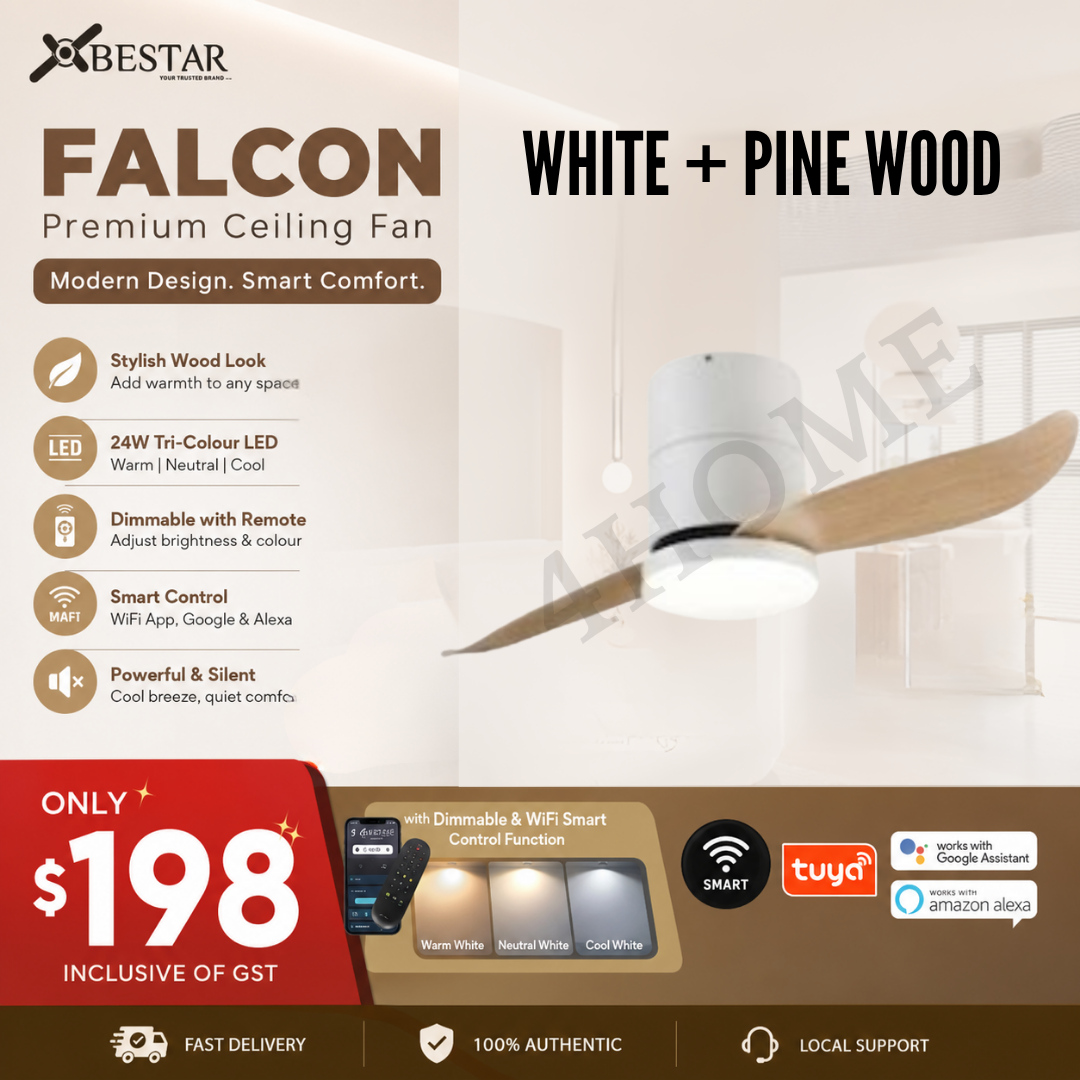 Bestar Falcon Smart DC Ceiling Fan 36" 46" 52" with Dimmable Tri-Colour LED Light | WiFi Smart Control | Black, Mocha & White Base | Maple Wood & Pine Wood Finish Blades | Singapore