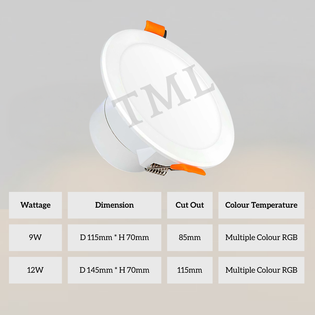 Smart WiFi RGB LED Recessed Downlight 9W / 12W – App Control, Dimmable, Multicolour, Works with Google Assistant & Alexa