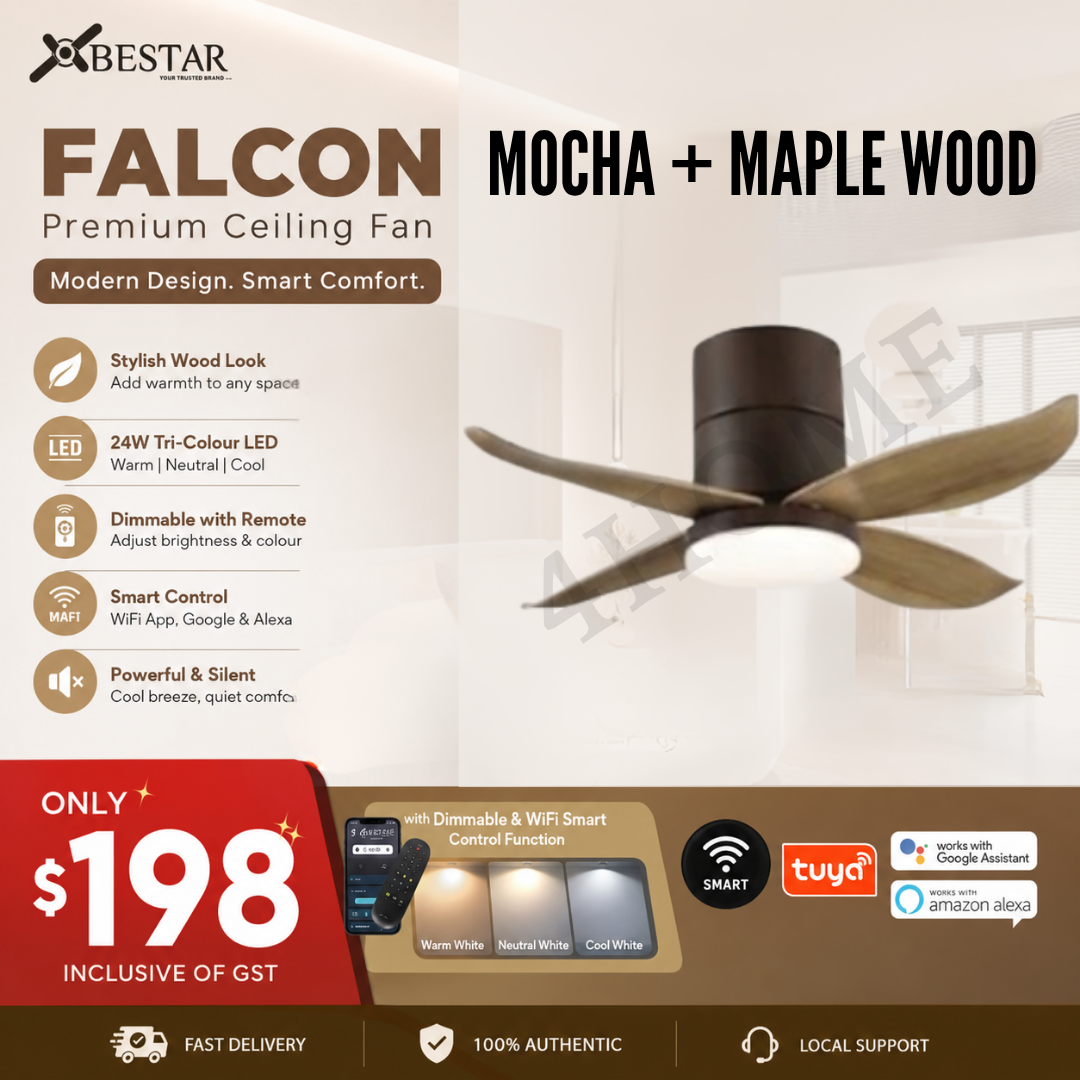 Bestar Falcon Smart DC Ceiling Fan 36" 46" 52" with Dimmable Tri-Colour LED Light | WiFi Smart Control | Black, Mocha & White Base | Maple Wood & Pine Wood Finish Blades | Singapore