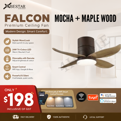 Bestar Falcon Smart DC Ceiling Fan 36" 46" 52" with Dimmable Tri-Colour LED Light | WiFi Smart Control | Black, Mocha & White Base | Maple Wood & Pine Wood Finish Blades | Singapore
