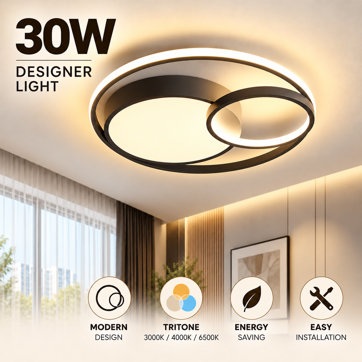 4HOME SINGAPORE 30W 现代设计师 LED 吸顶灯 三色调