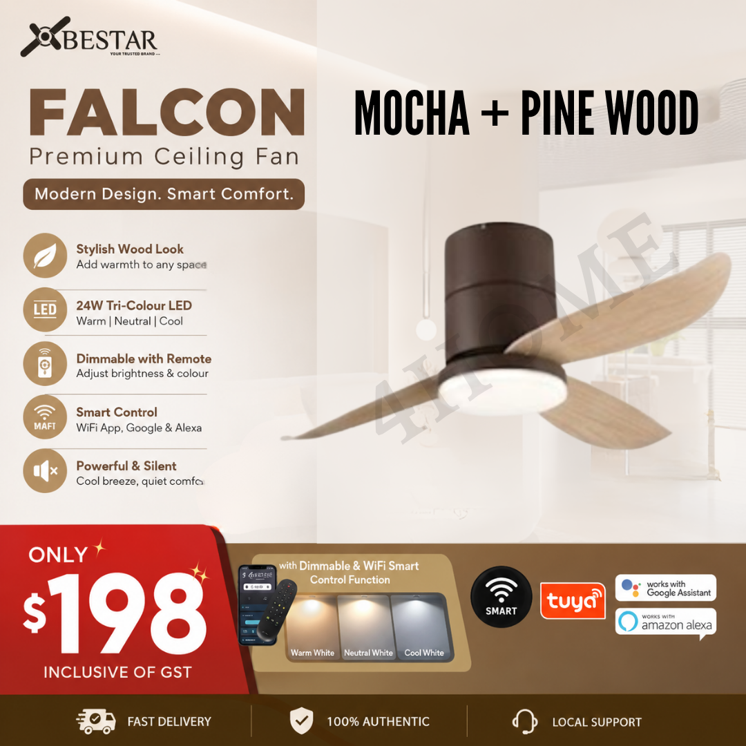 Bestar Falcon Smart DC Ceiling Fan 36" 46" 52" with Dimmable Tri-Colour LED Light | WiFi Smart Control | Black, Mocha & White Base | Maple Wood & Pine Wood Finish Blades | Singapore