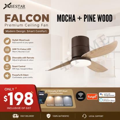 Bestar Falcon Smart DC Ceiling Fan 36" 46" 52" with Dimmable Tri-Colour LED Light | WiFi Smart Control | Black, Mocha & White Base | Maple Wood & Pine Wood Finish Blades | Singapore