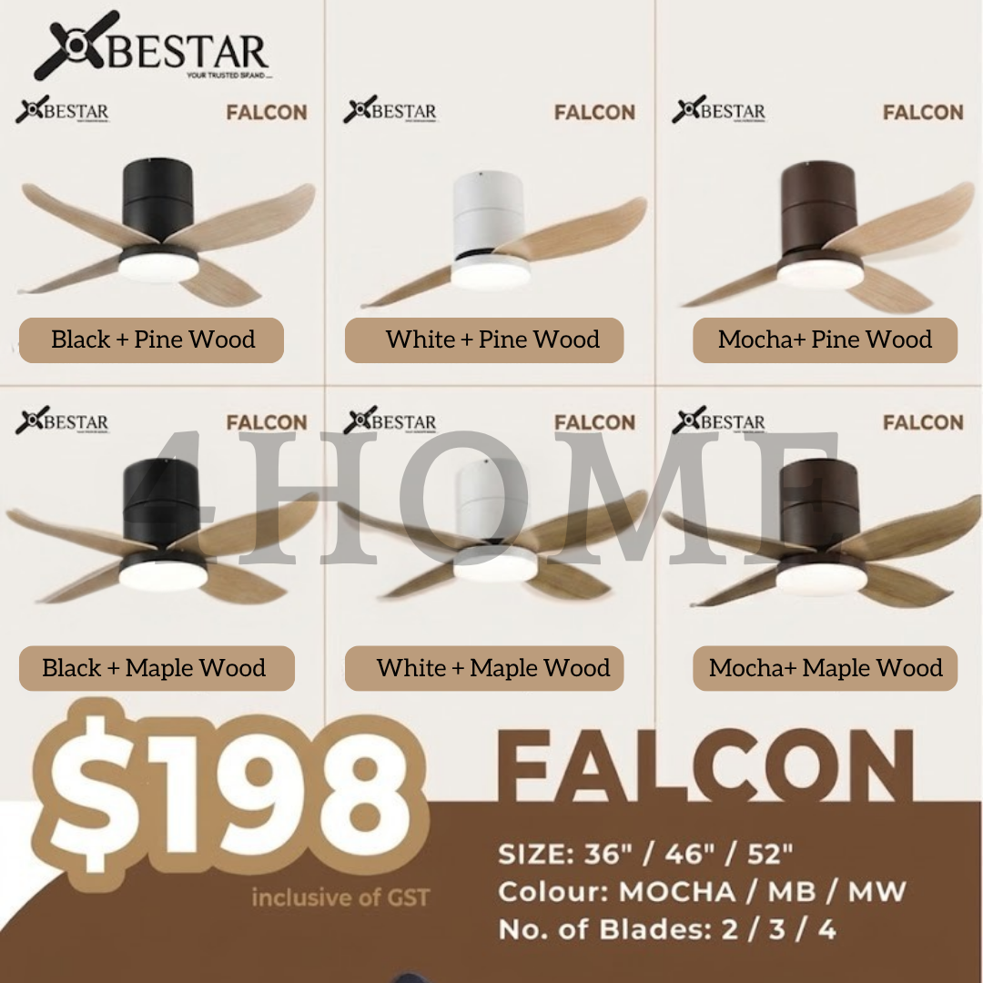Bestar Falcon Smart DC Ceiling Fan 36" 46" 52" with Dimmable Tri-Colour LED Light | WiFi Smart Control | Black, Mocha & White Base | Maple Wood & Pine Wood Finish Blades | Singapore