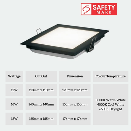 Easy Release LED Recessed Downlight (Black & White Frame) – Square with Singapore Safety Mark