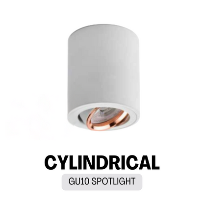 White with rose gold cylindrical adjustable GU10 ceiling spotlight with rotatable head