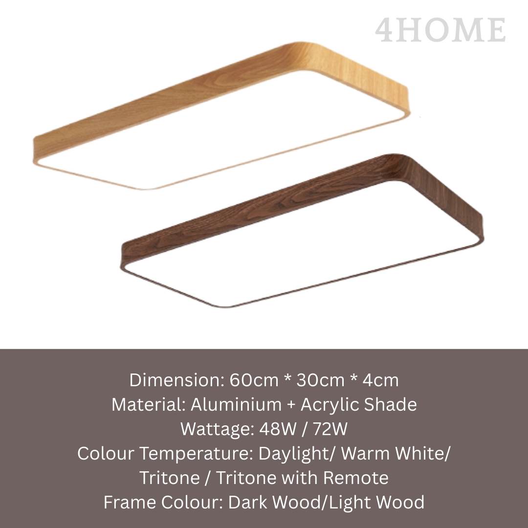 Modern Rectangular Ceiling Light – 60cm Wood Print (Light Oak & Dark Walnut) – Singapore