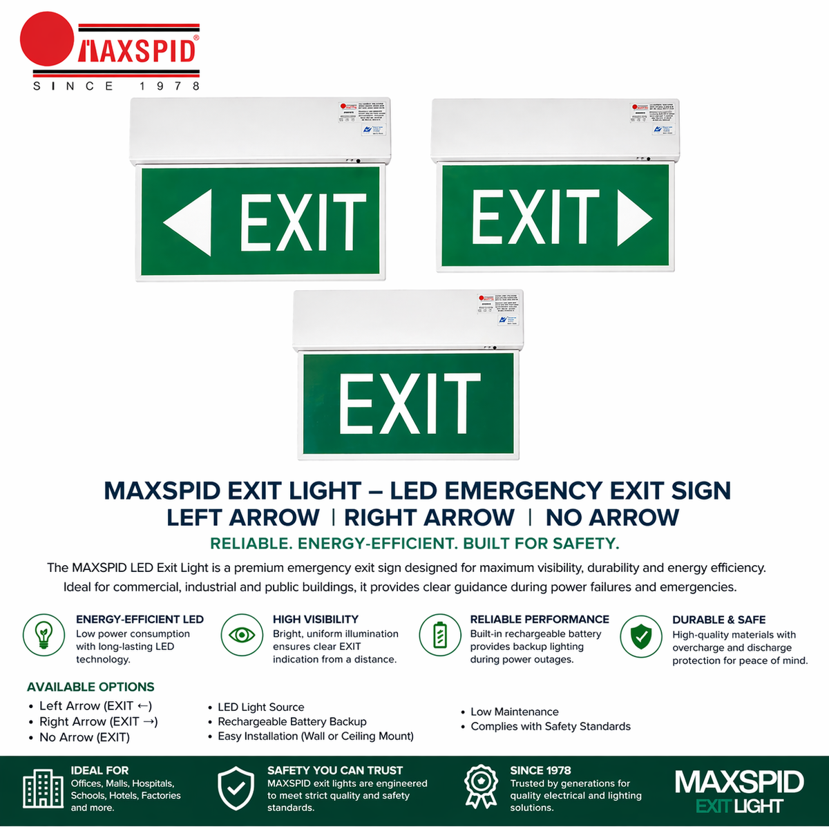 MAXSPID Slimline Emergency Exit Light LED | Ultra-Thin Exit Sign | Battery Backup | Ceiling/Wall Mount | Singapore Safety Compliant