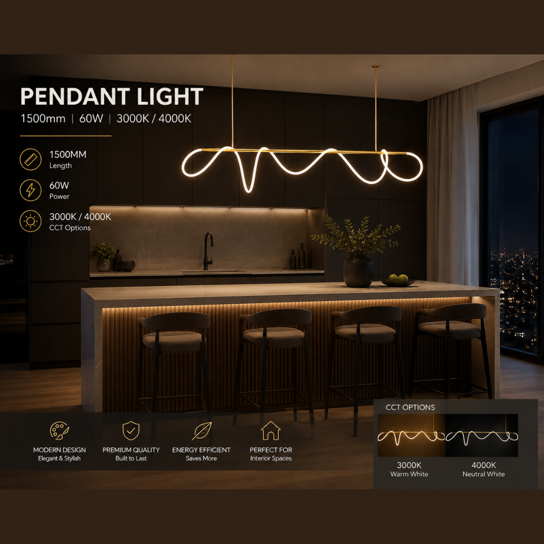 Modern LED Wavy Flow Pendant Light 1500mm | 60W Flexible Silicon Loop Design | 3000K Warm White / 4000K Cool White