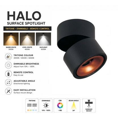 12W Halo LED Surface Spotlight | Tritone Dimmable Ceiling Spotlight | Adjustable Surface Mounted Downlight | Optional Remote Control | Black & White