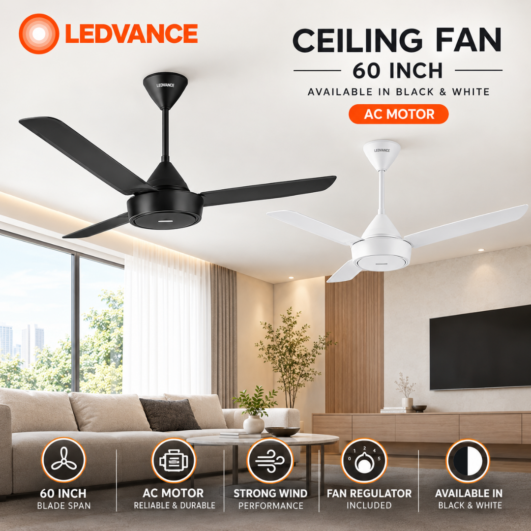 LEDVANCE BF60BK BF60WH 60 Inch Ceiling Fan – Black White 3-Blade AC Motor Fan with Fan Regulator
