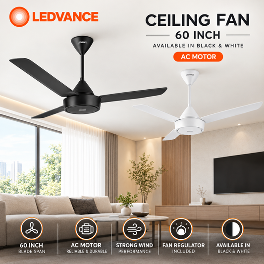 LEDVANCE BF60BK BF60WH 60 Inch Ceiling Fan – Black White 3-Blade AC Motor Fan with Fan Regulator