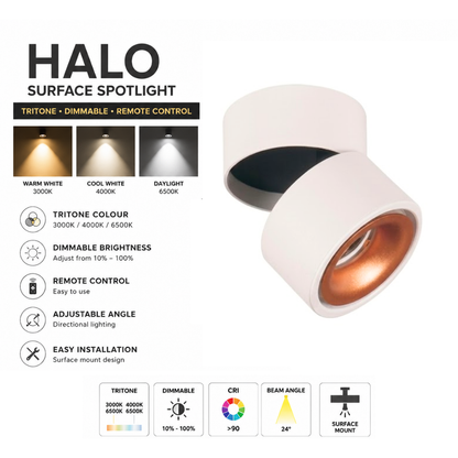 12W Halo LED Surface Spotlight | Tritone Dimmable Ceiling Spotlight | Adjustable Surface Mounted Downlight | Optional Remote Control | Black & White