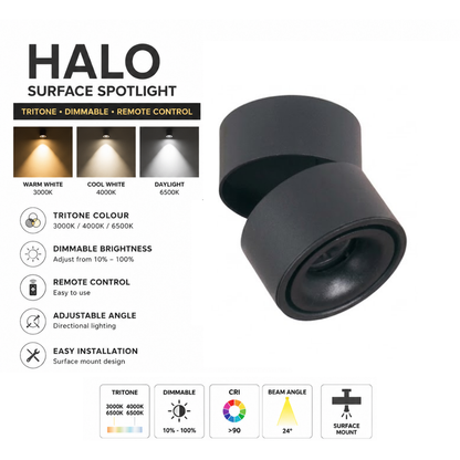 12W Halo LED Surface Spotlight | Tritone Dimmable Ceiling Spotlight | Adjustable Surface Mounted Downlight | Optional Remote Control | Black & White