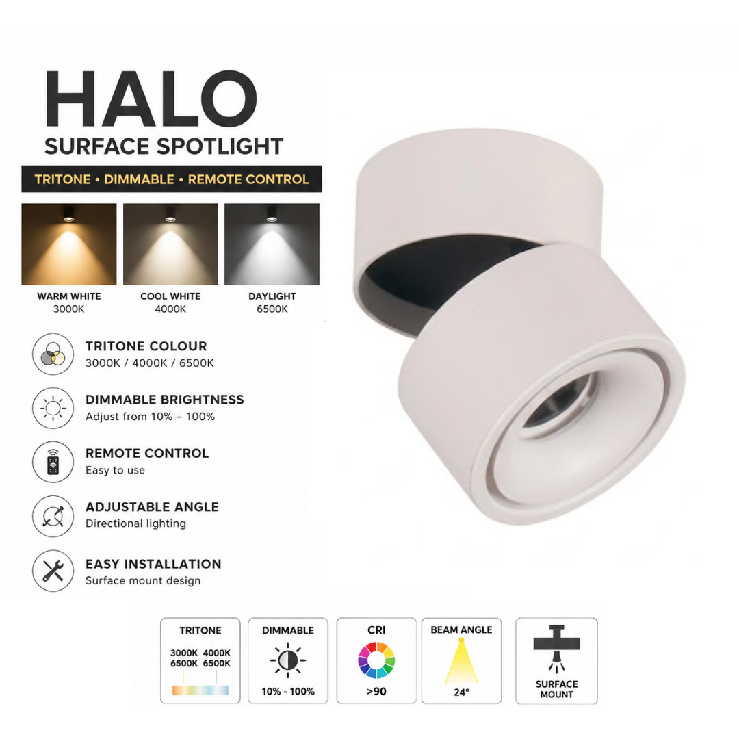 12W Halo LED Surface Spotlight | Tritone Dimmable Ceiling Spotlight | Adjustable Surface Mounted Downlight | Optional Remote Control | Black & White